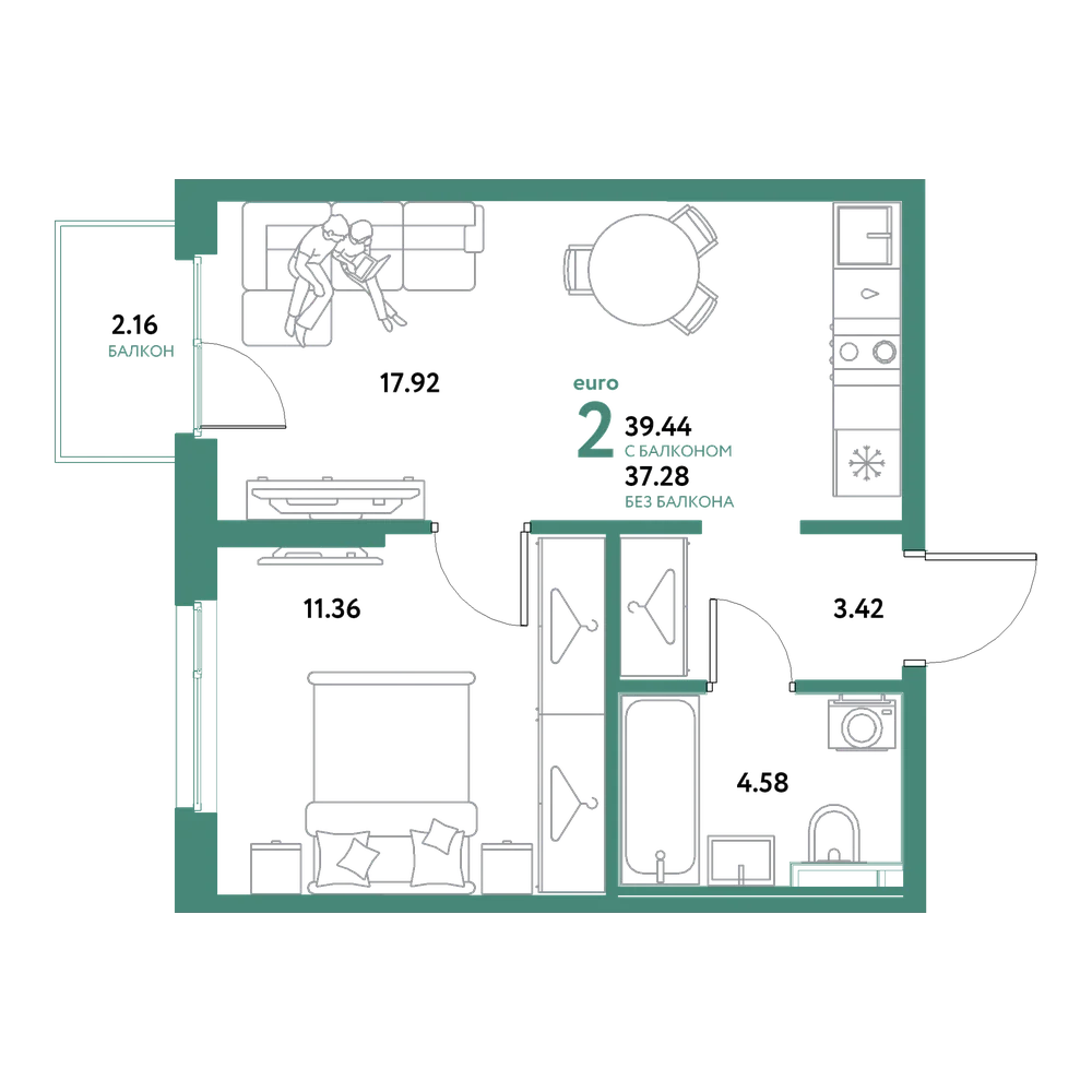 Планировка: Евродвушка 39,44 м²