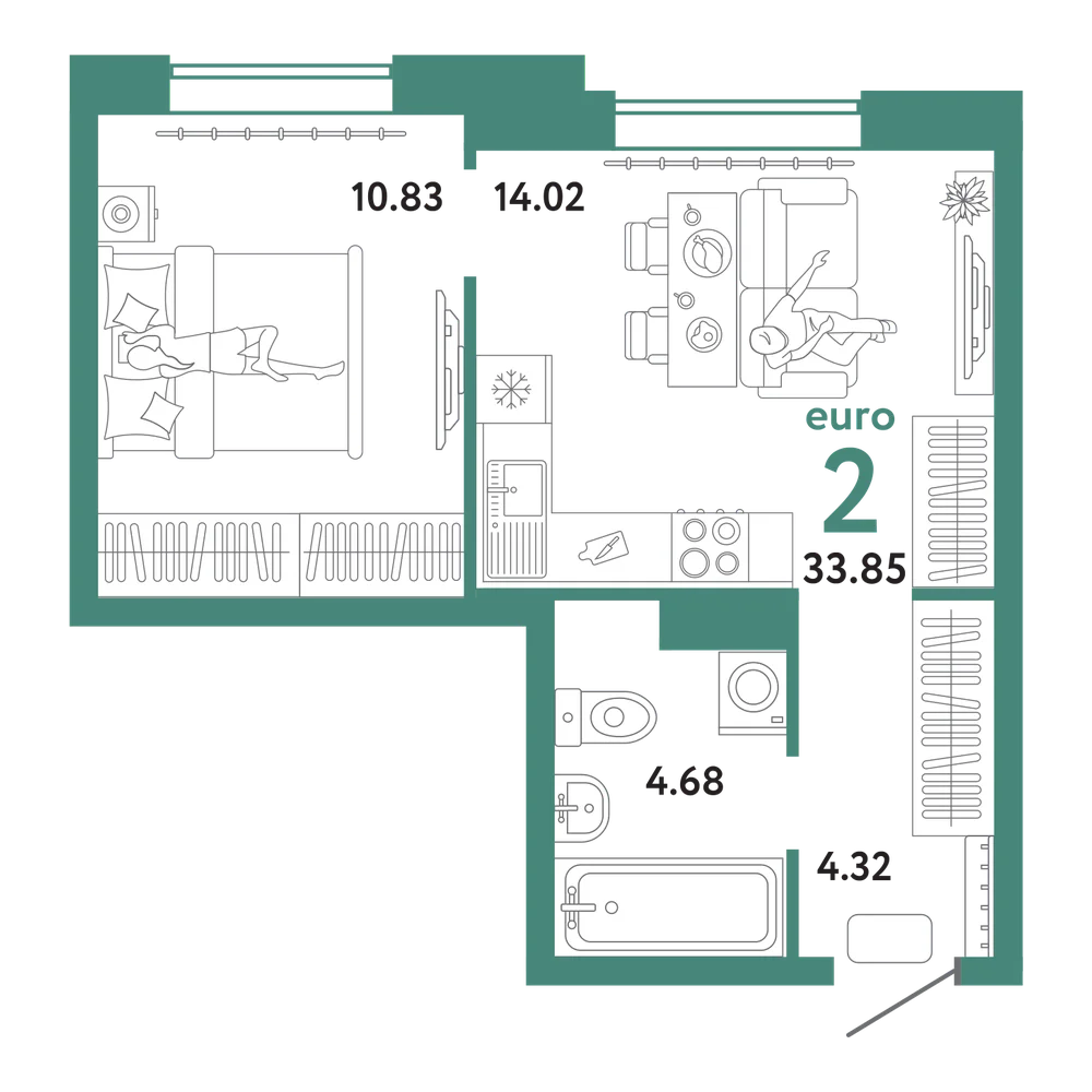 Планировка: Евродвушка 33,79 м²