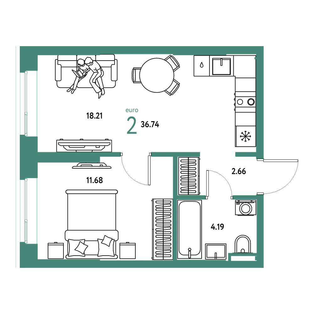 Планировка: Евродвушка 36,74 м²