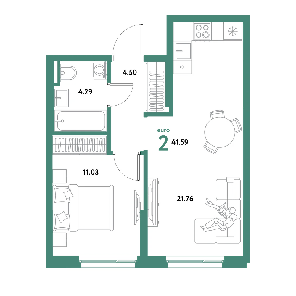 Планировка: Евродвушка 41,59 м²