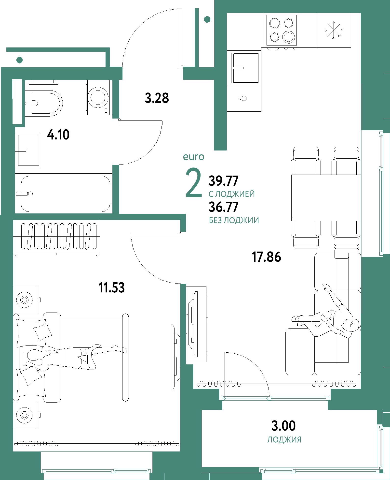 Планировка: Евродвушка 39,77 м² в ЖК «Домашний»