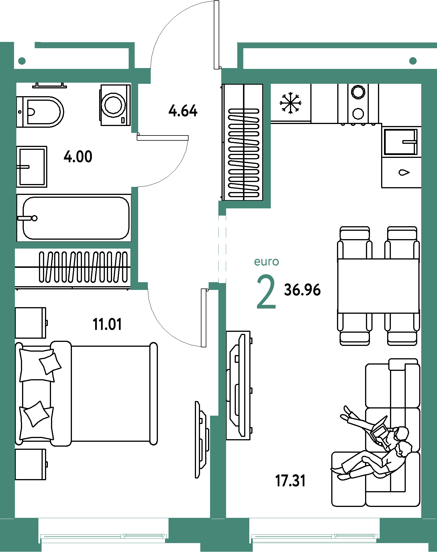 Планировка: Евродвушка 36,96 м² в ЖК «Домашний»