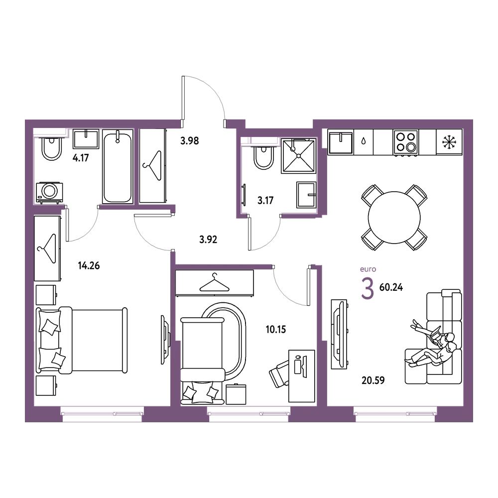 Планировка: Евротрёшка 60,24 м²