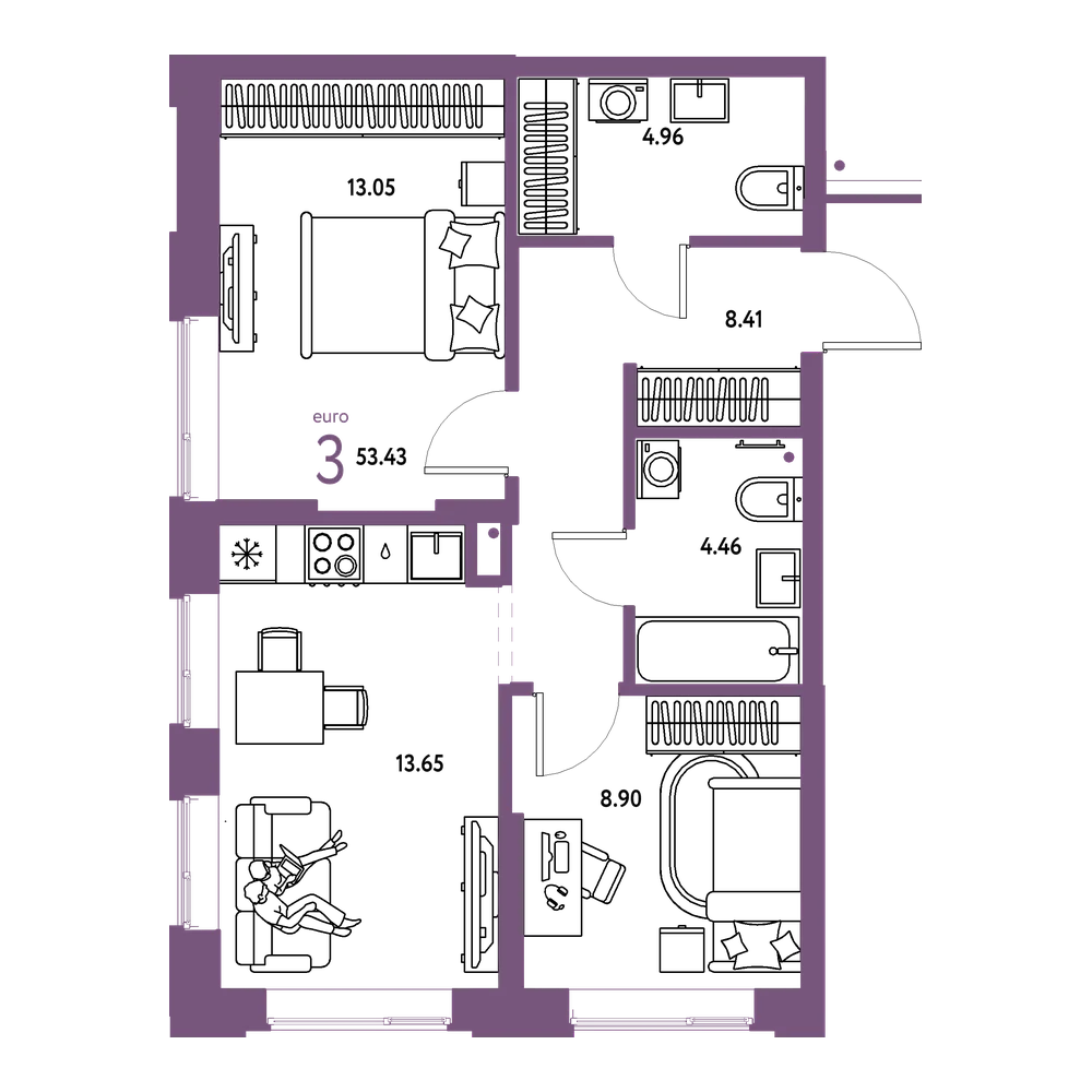 Планировка: Евротрёшка 53,43 м²