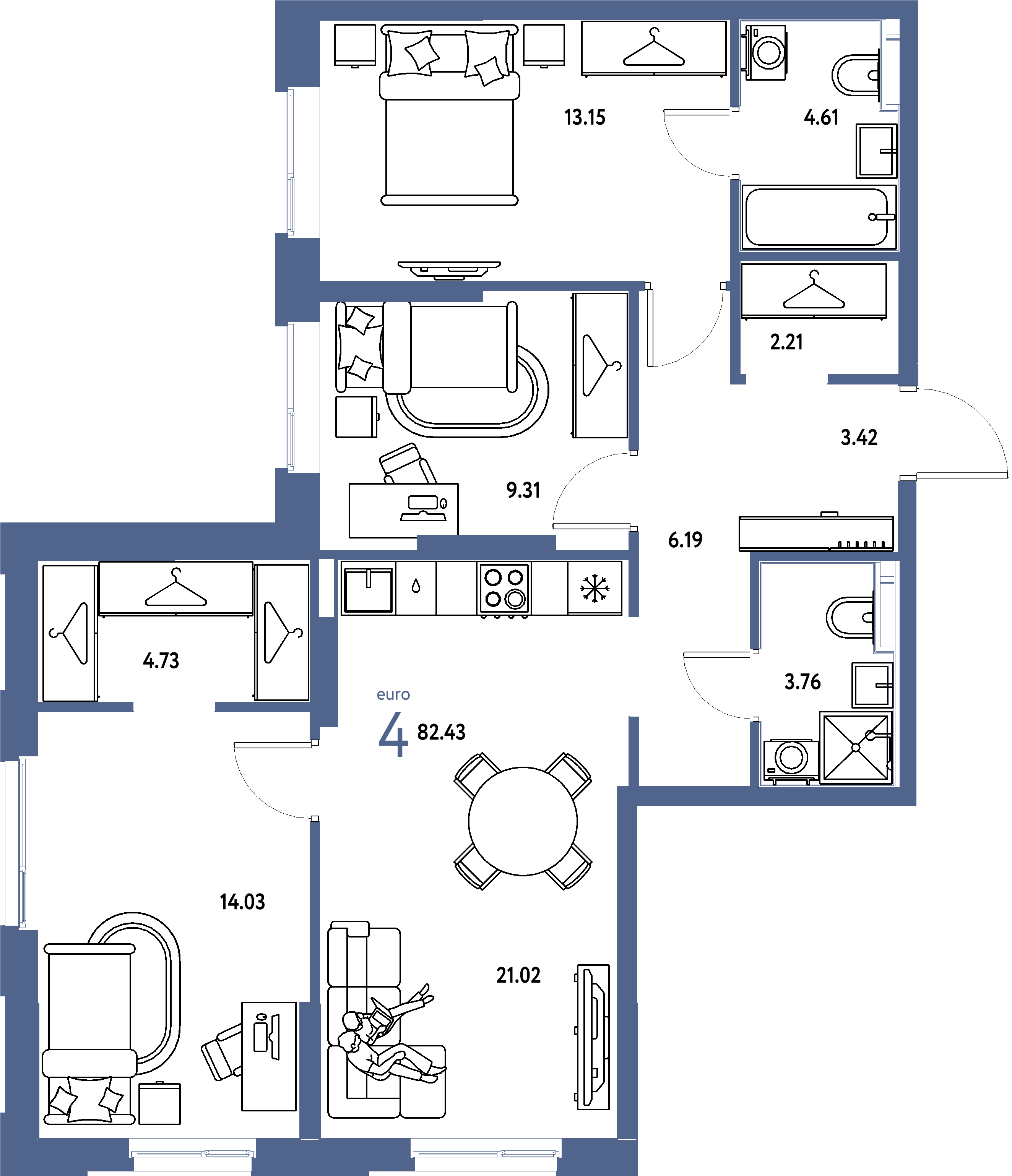 Планировка: Евро-4 82,43 м² в ЖК «Европейский берег 2.0»