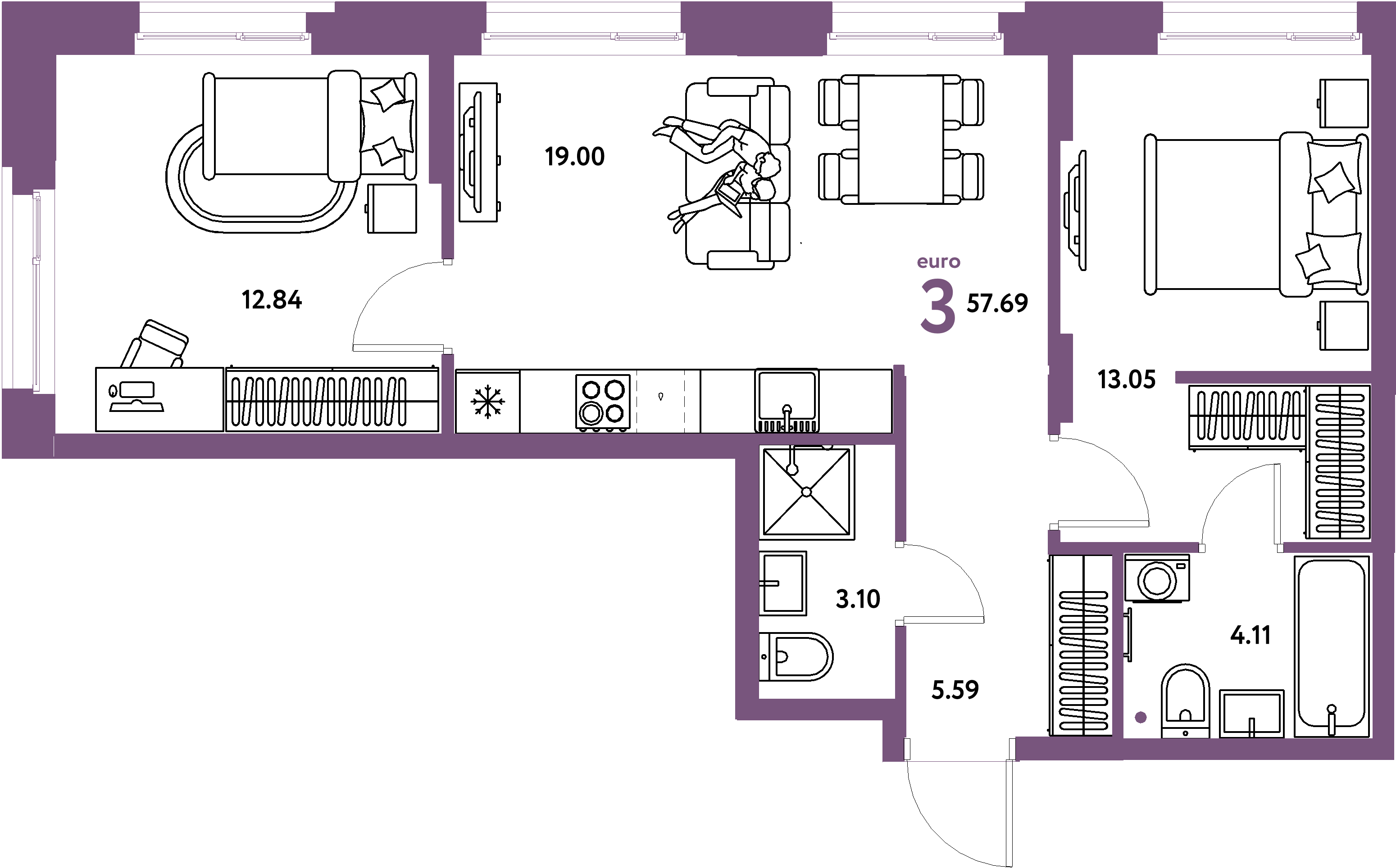 Планировка: Евротрёшка 57,69 м² в ЖК «Европейский берег 2.0»