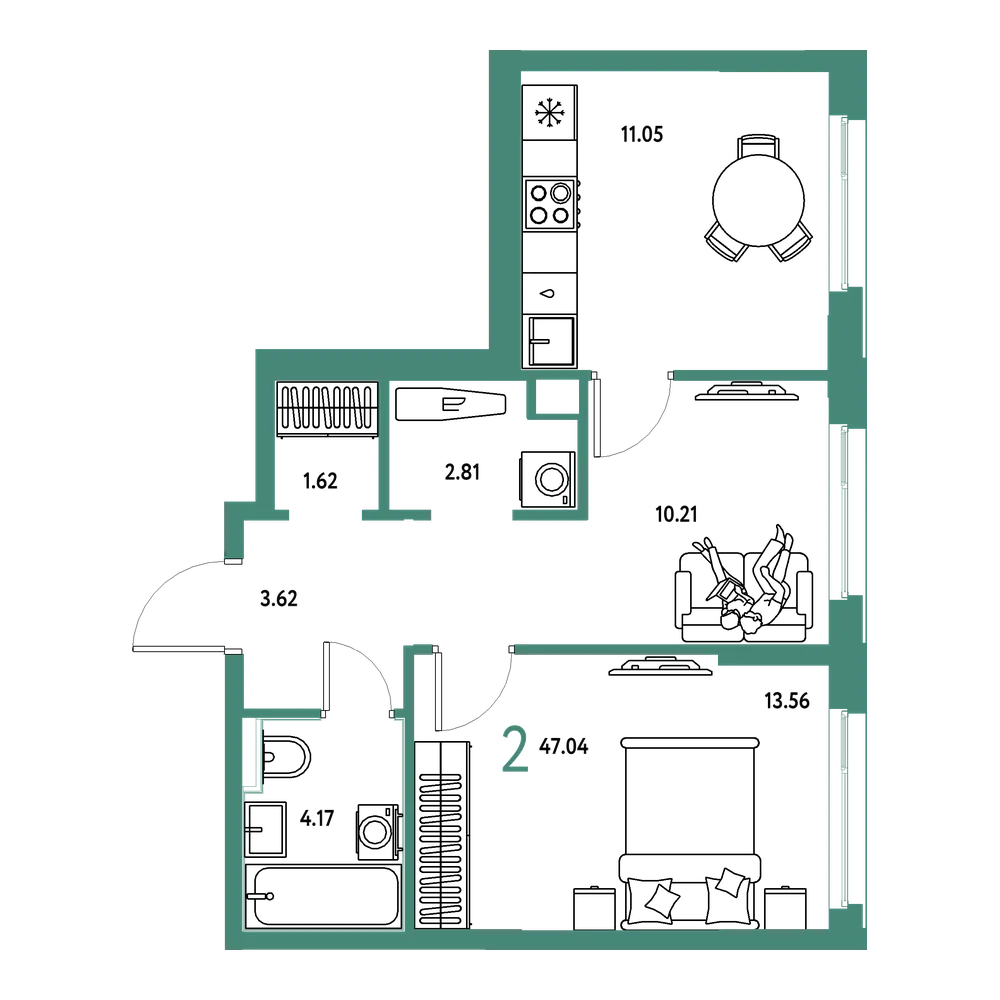 Планировка: 2-комнатная 47,04 м²