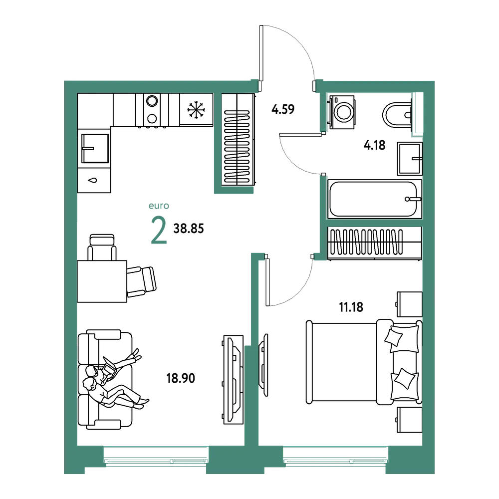 Планировка: Евродвушка 38,83 м²