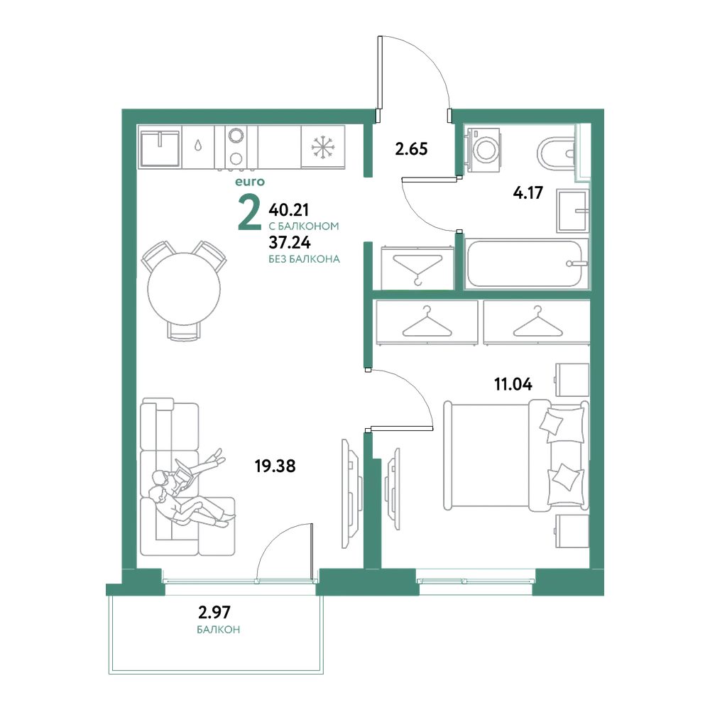 Планировка: Евродвушка 40,21 м²