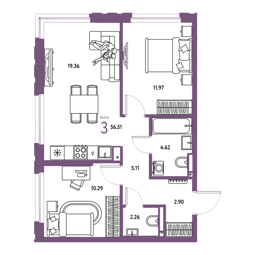 Планировка: Евротрёшка 56,51 м²