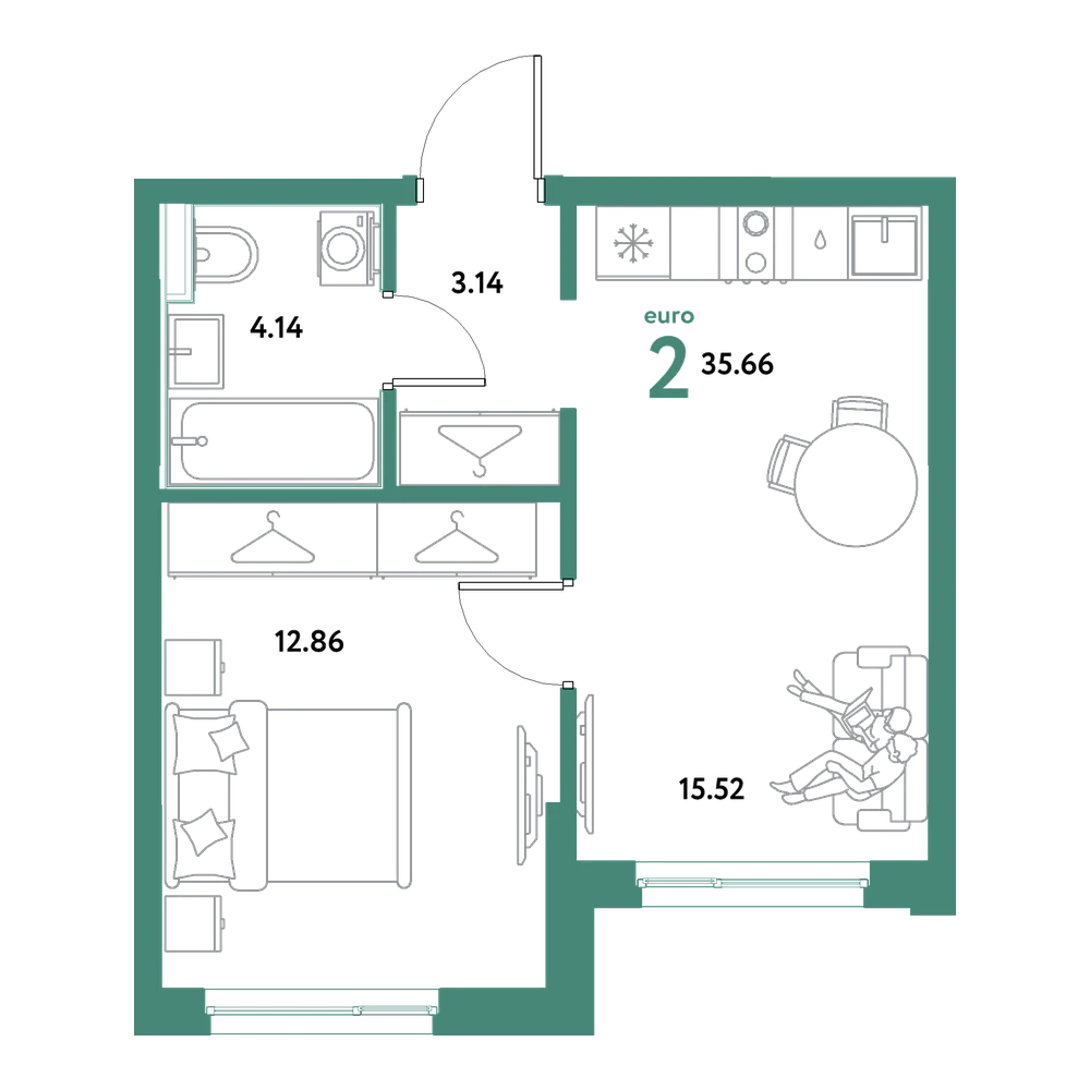 Планировка: Евродвушка 35,66 м²