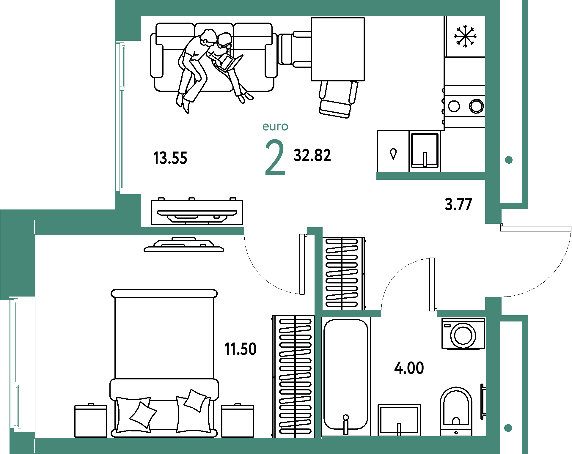 Планировка: Евродвушка 32,82 м² в ЖК «Домашний»