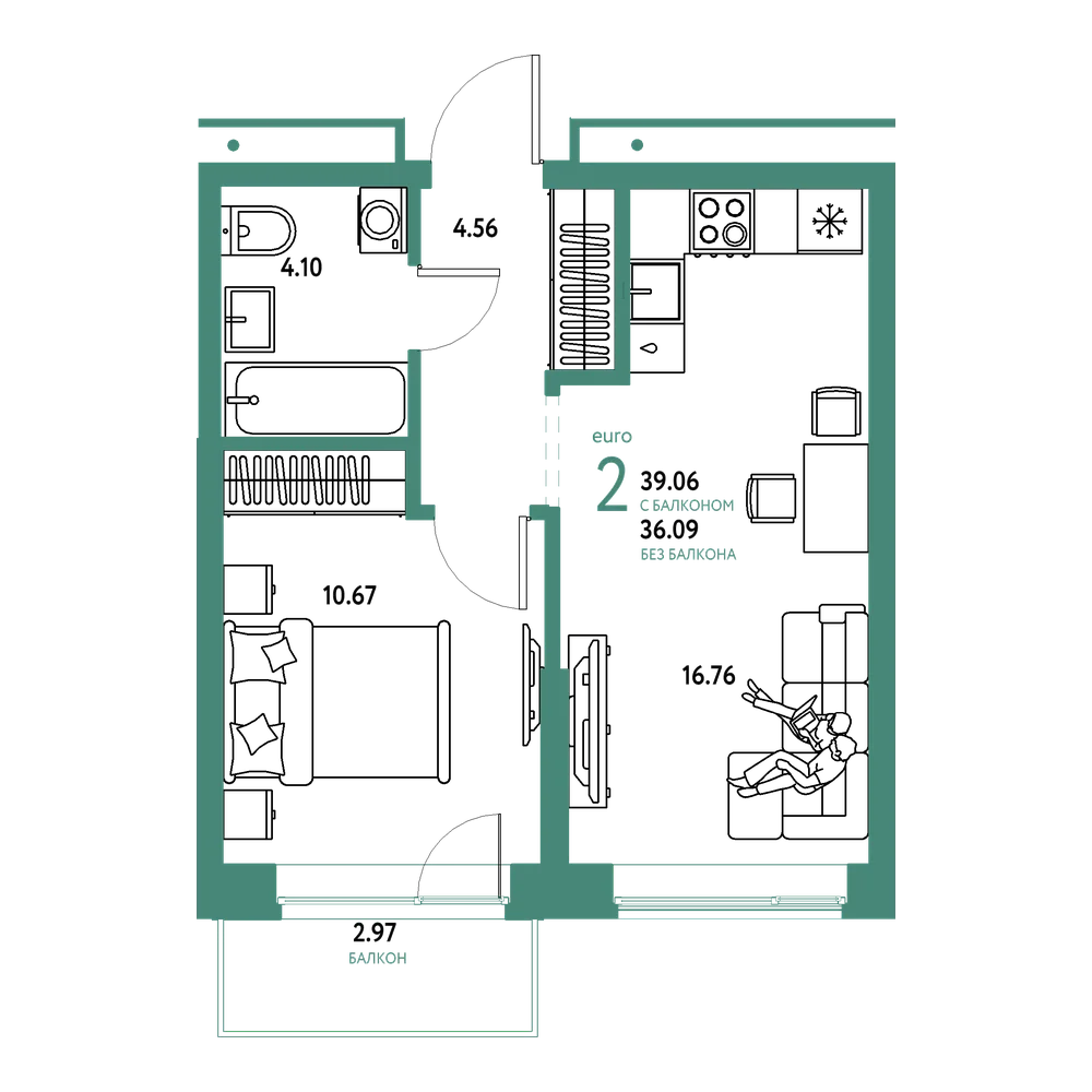 Планировка: Евродвушка 39,06 м²