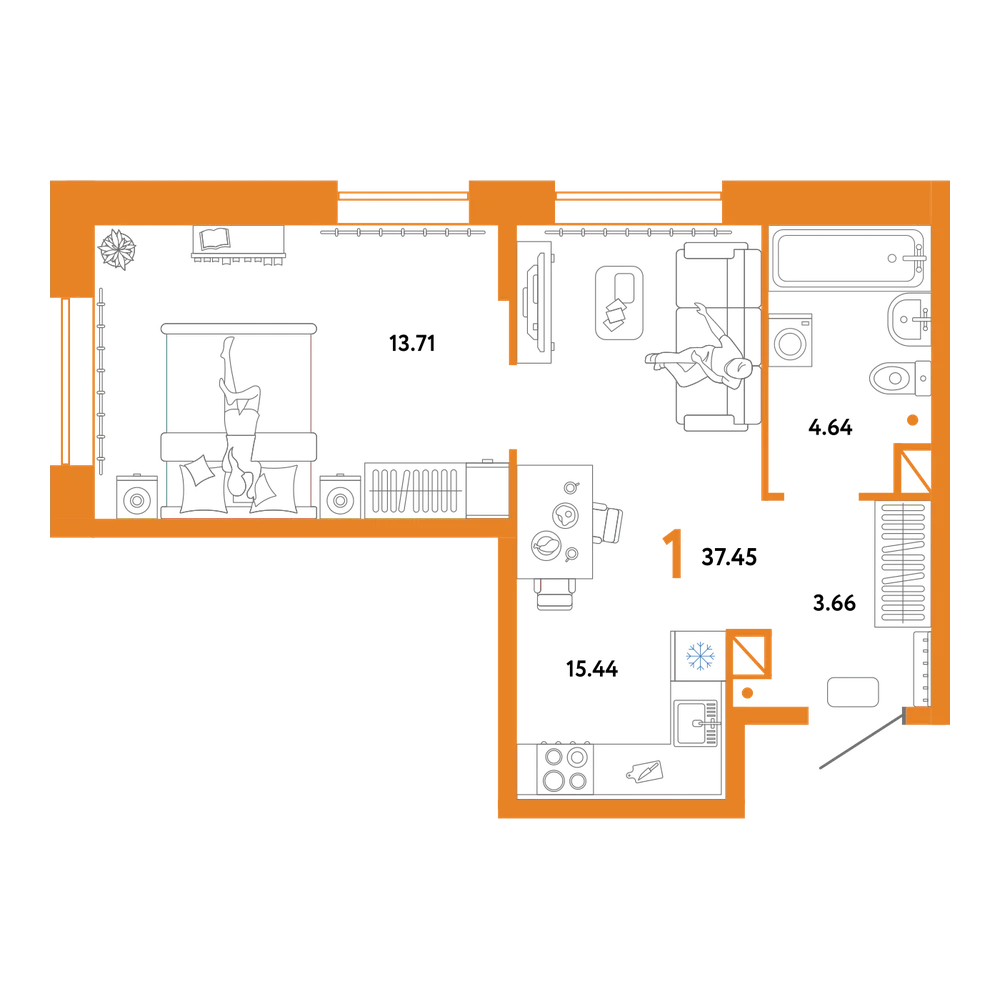 Планировка: 1-комнатная 37,45 м²
