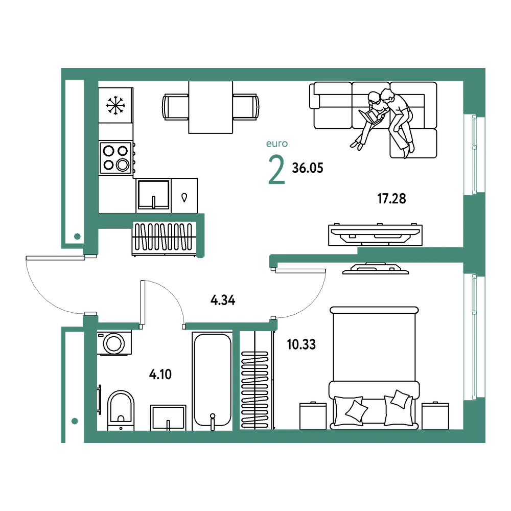 Планировка: Евродвушка 36,05 м²