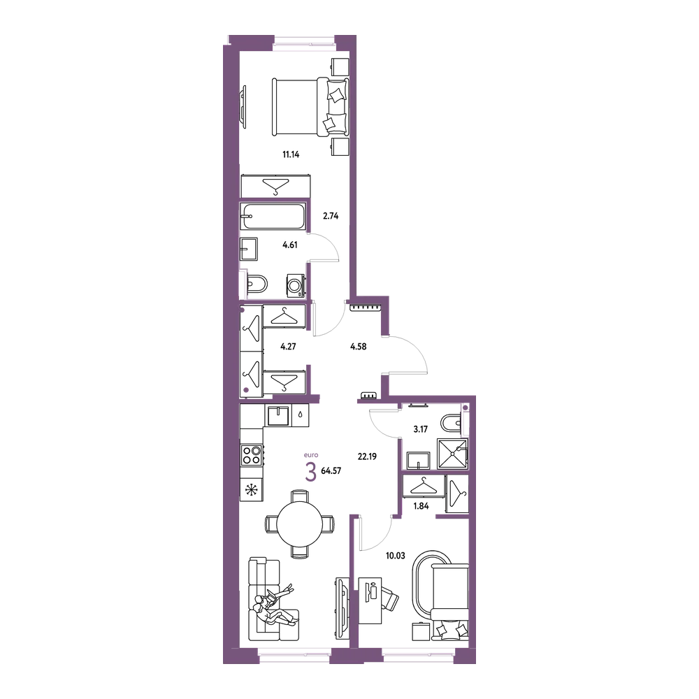Планировка: Евротрёшка 64,57 м²