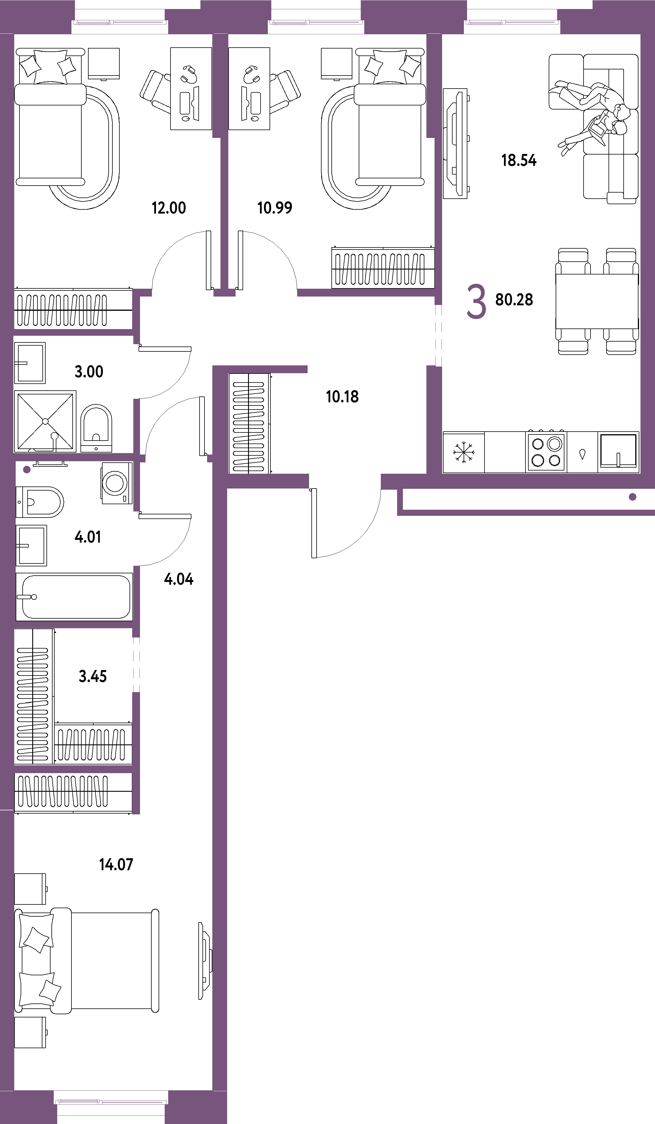 Планировка: 3-комнатная 80,28 м² в ЖК «Домашний»