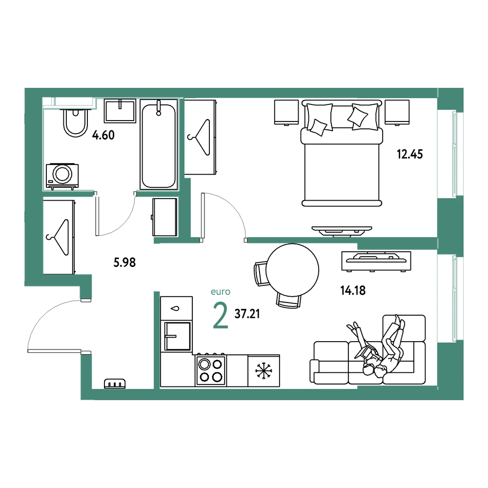 Планировка: Евродвушка 37,22 м²