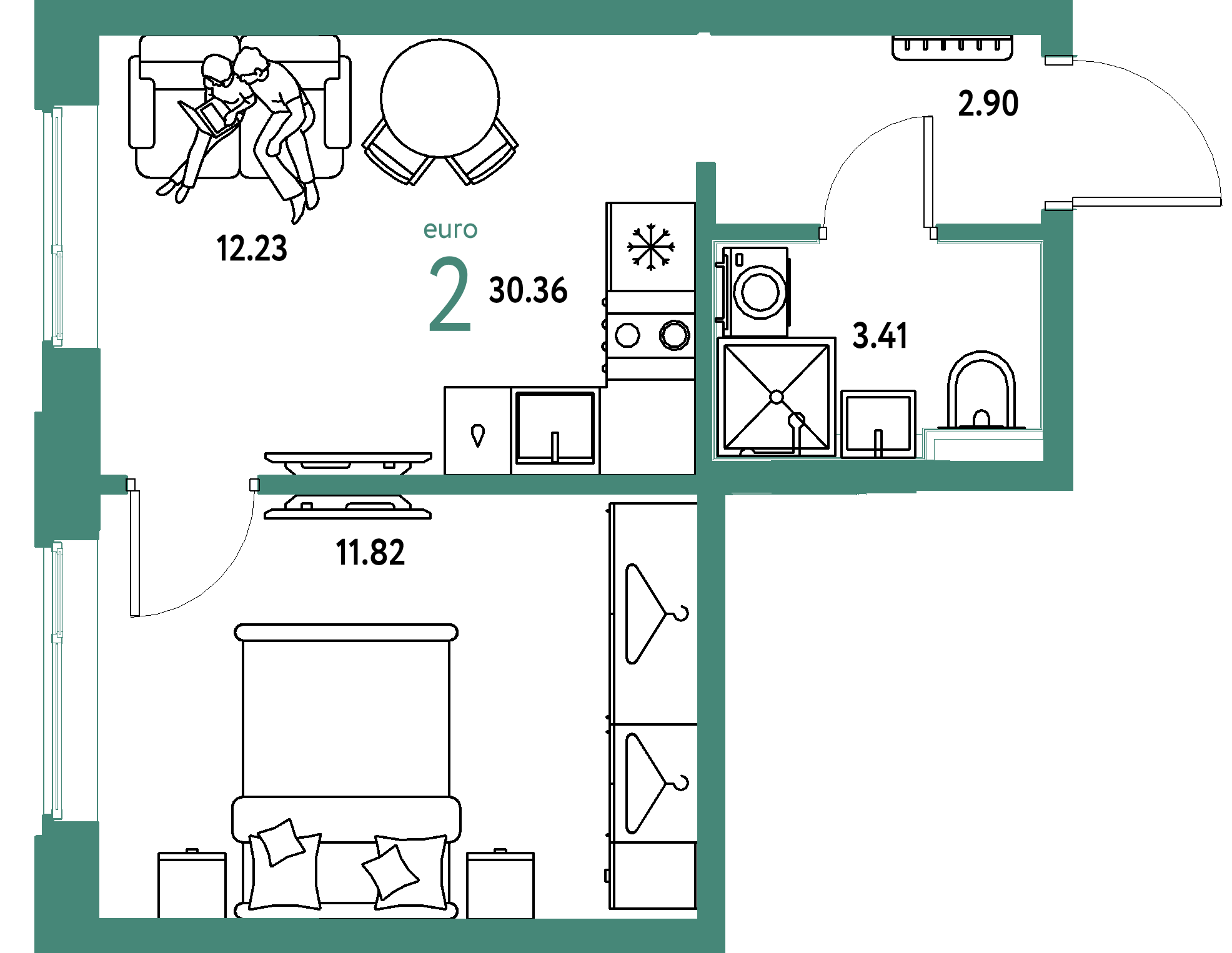 Планировка: Евродвушка 30,36 м² в ЖК «Страна.Прибрежная»