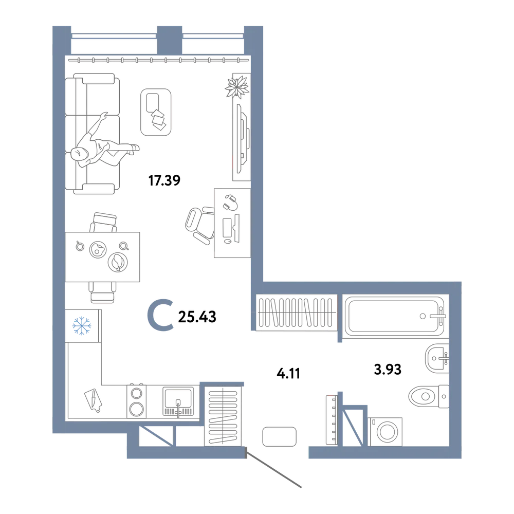 Планировка: Студия 25,43 м²