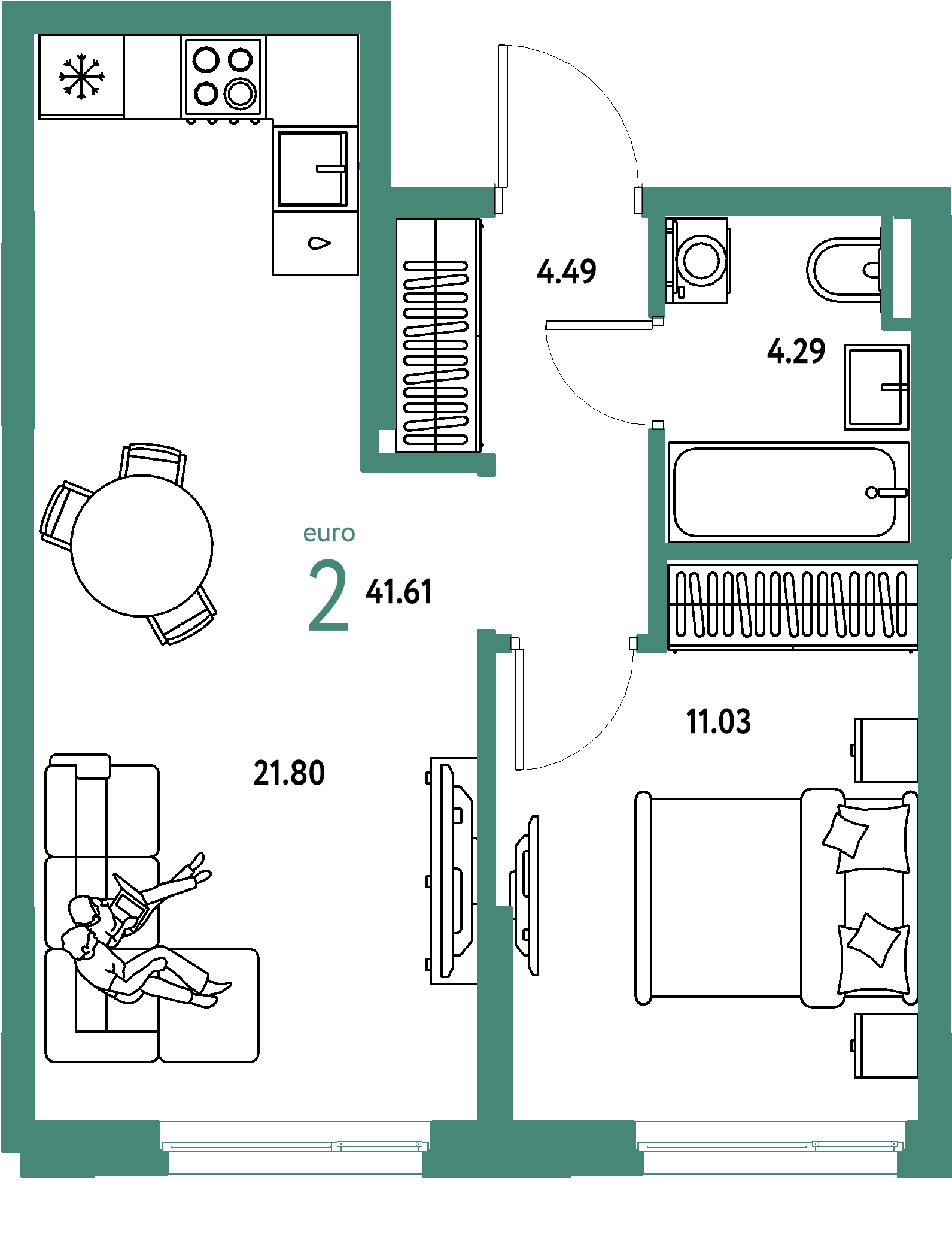 Планировка: Евродвушка 41,61 м² в ЖК «Остров-сад»