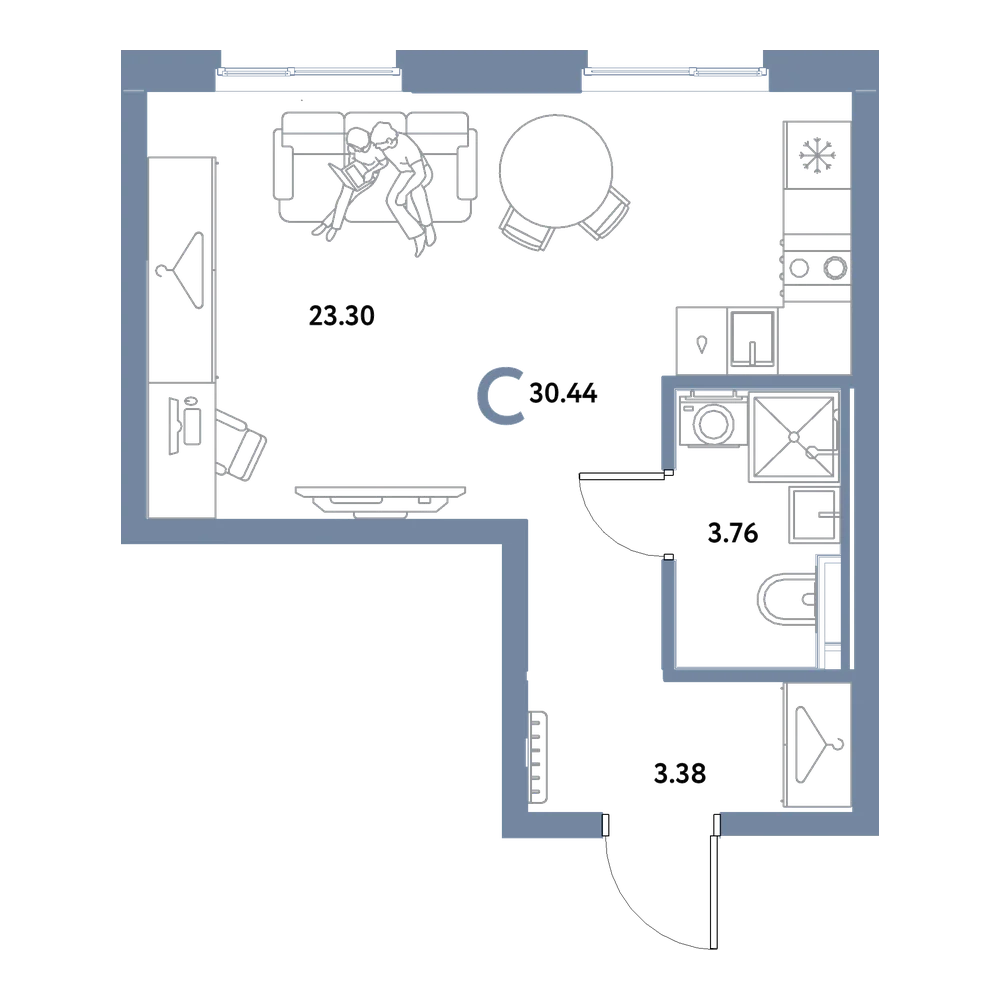 Планировка: Студия 30,44 м²