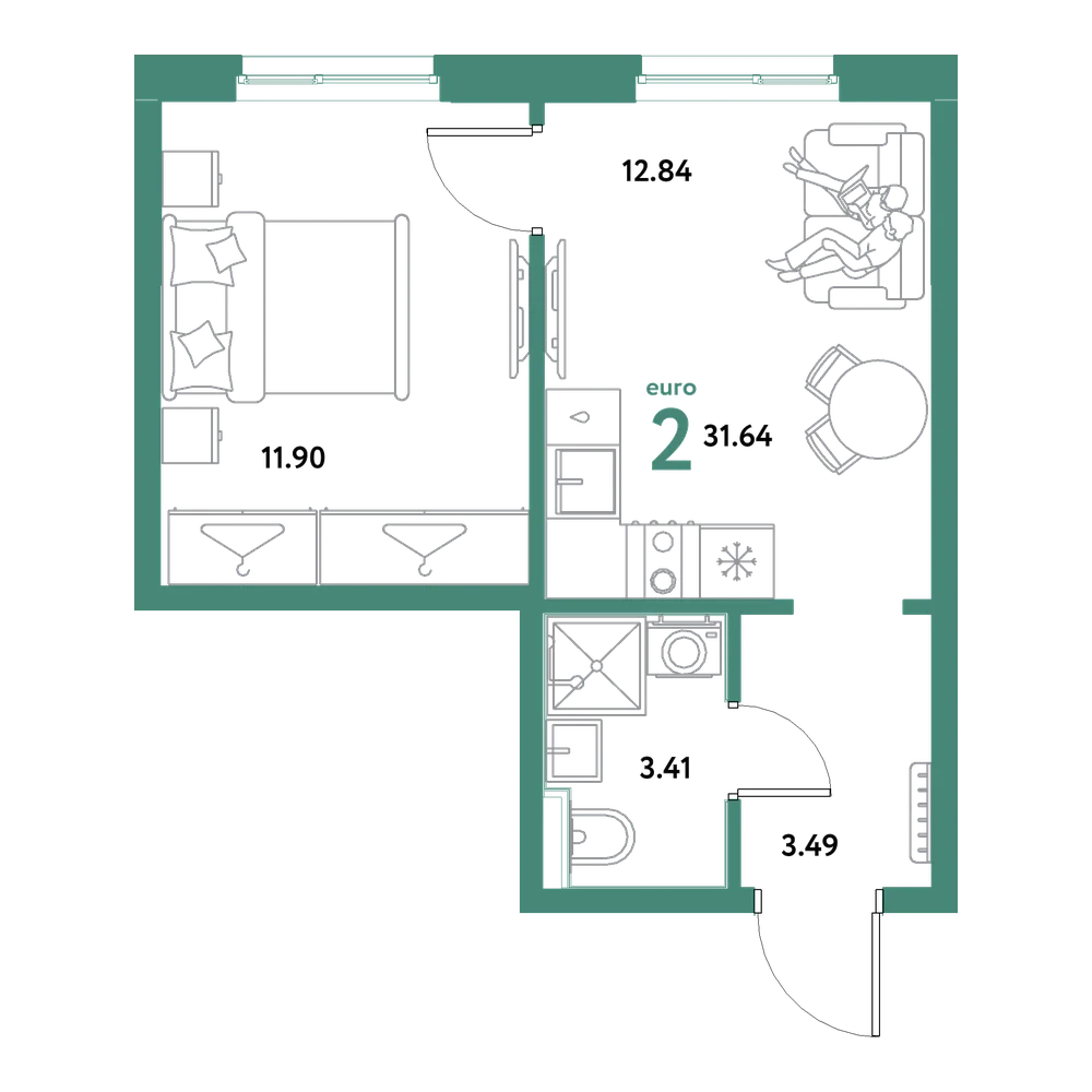 Планировка: Евродвушка 31,64 м²