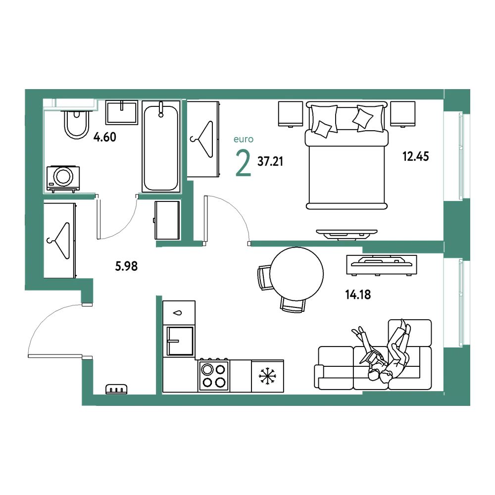 Планировка: Евродвушка 37,22 м²