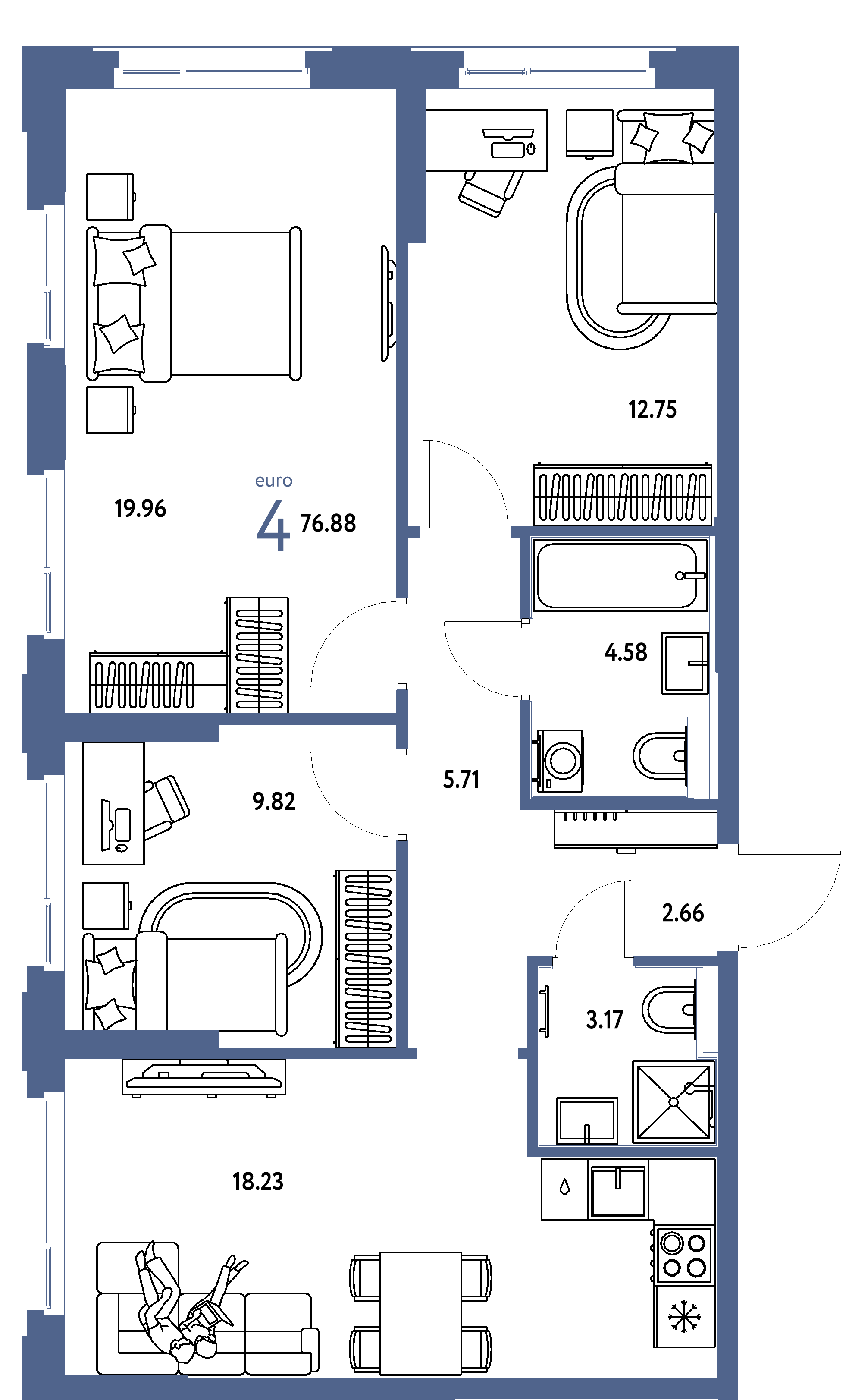 Планировка: Евро-4 76,88 м² в ЖК «Сердце Сибири»