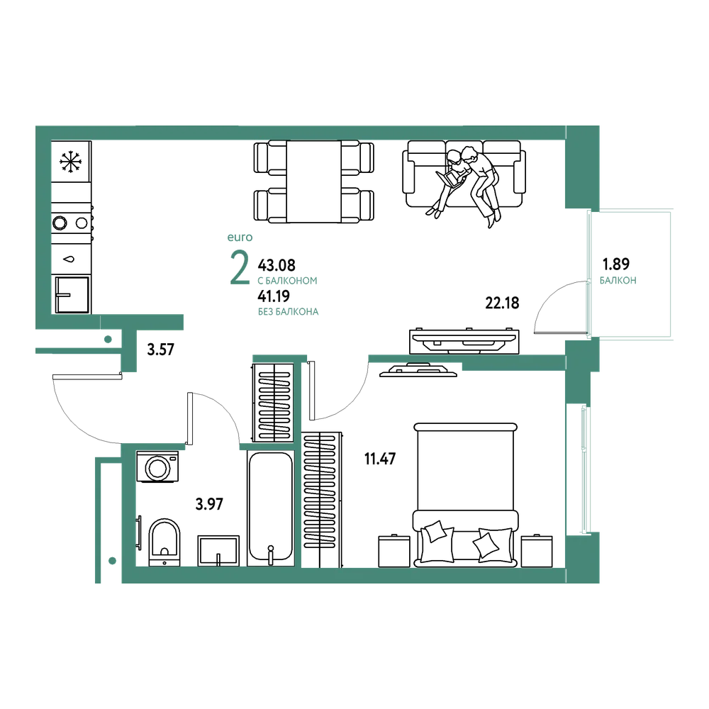 Планировка: Евродвушка 43,08 м²