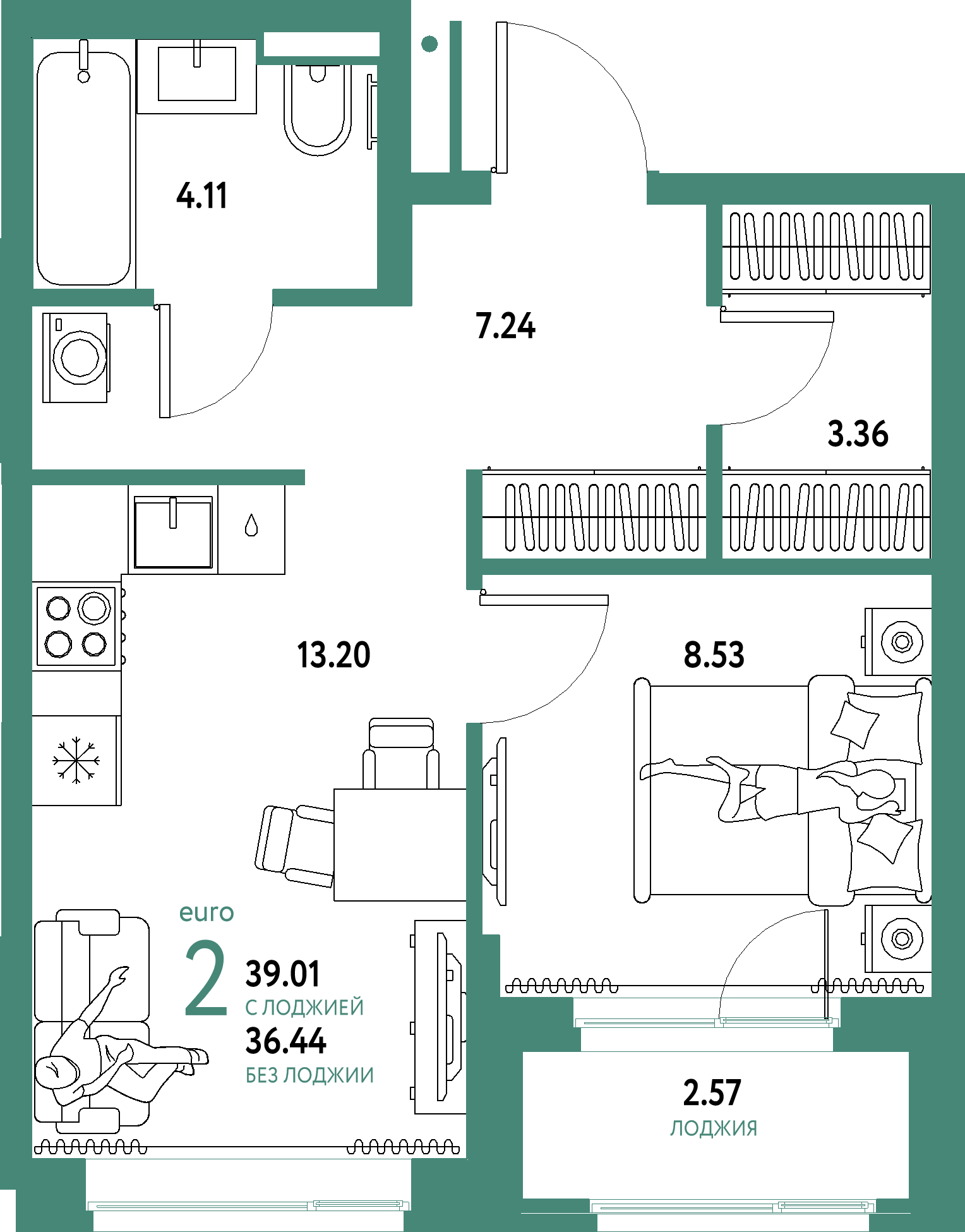 Планировка: Евродвушка 39,01 м² в ЖК «Домашний»