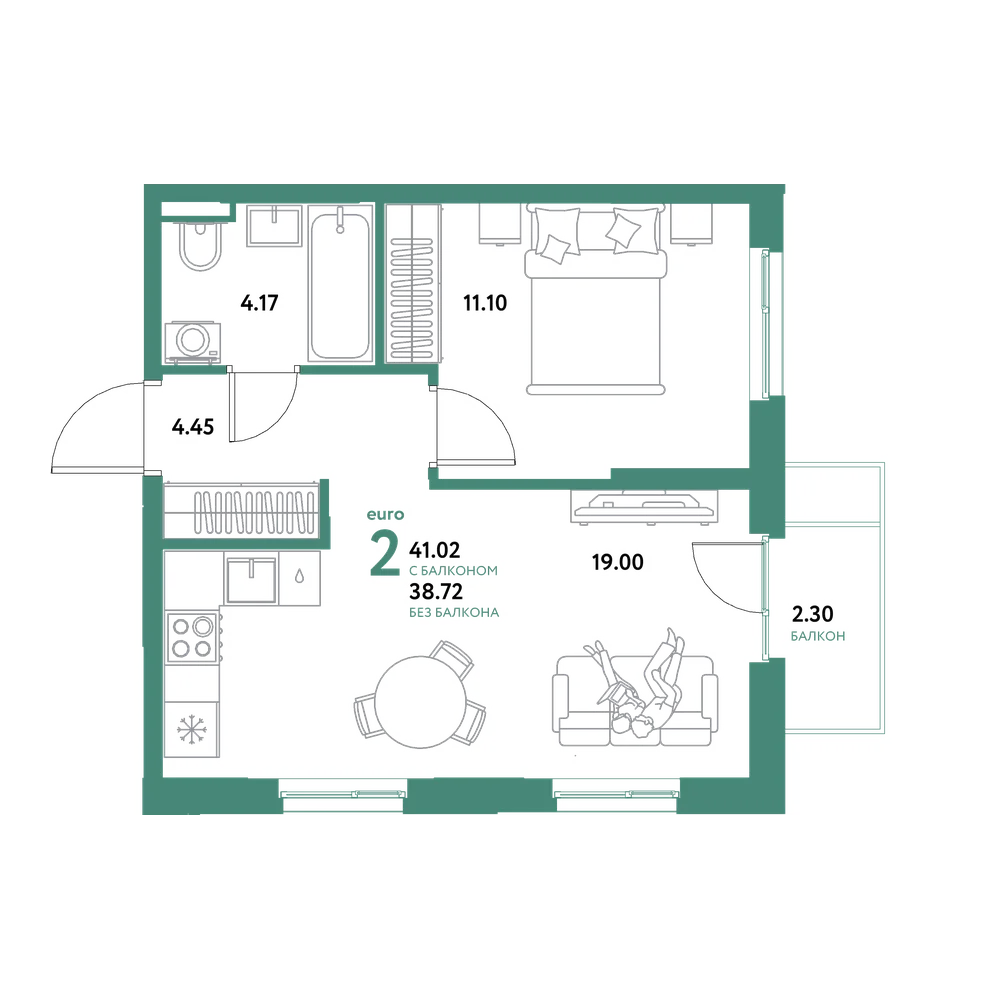 Планировка: Евродвушка 41,02 м²