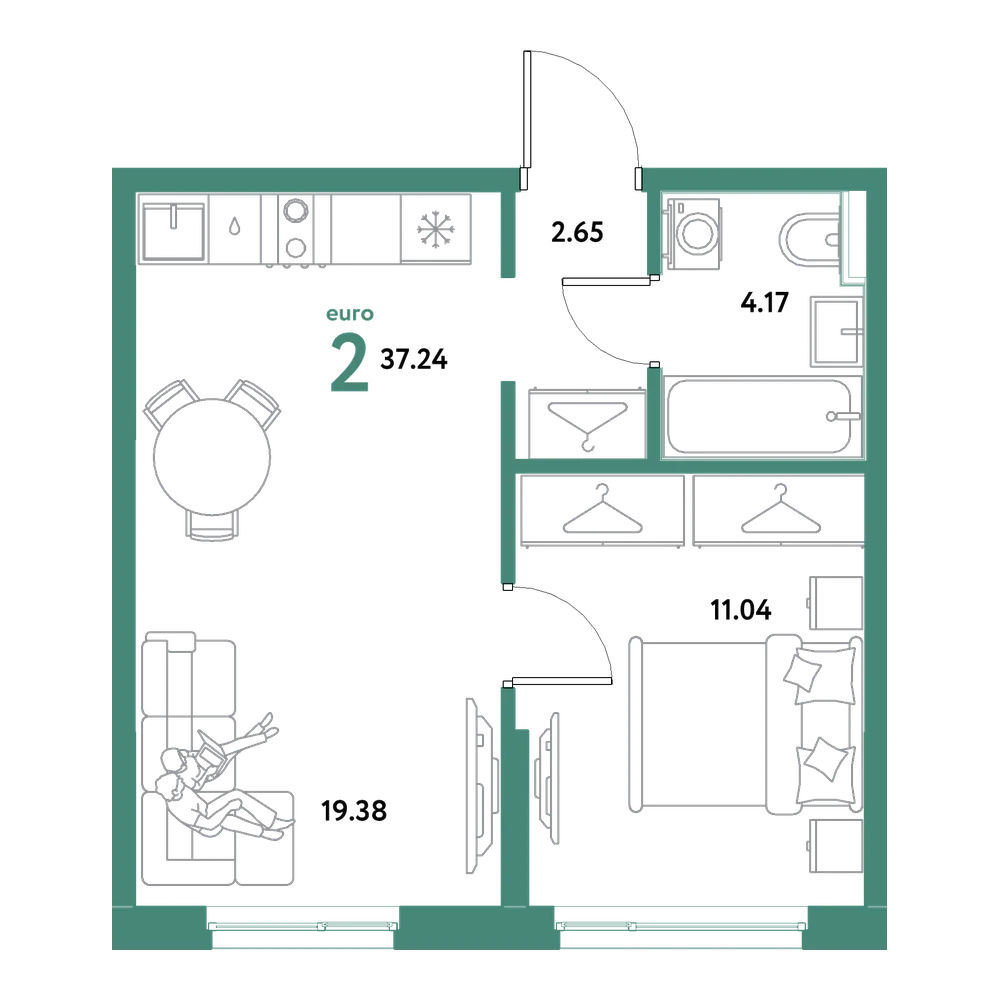 Планировка: Евродвушка 37,24 м²