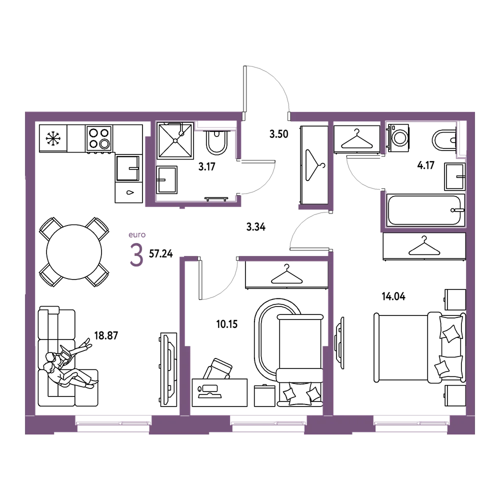 Планировка: Евротрёшка 57,24 м²