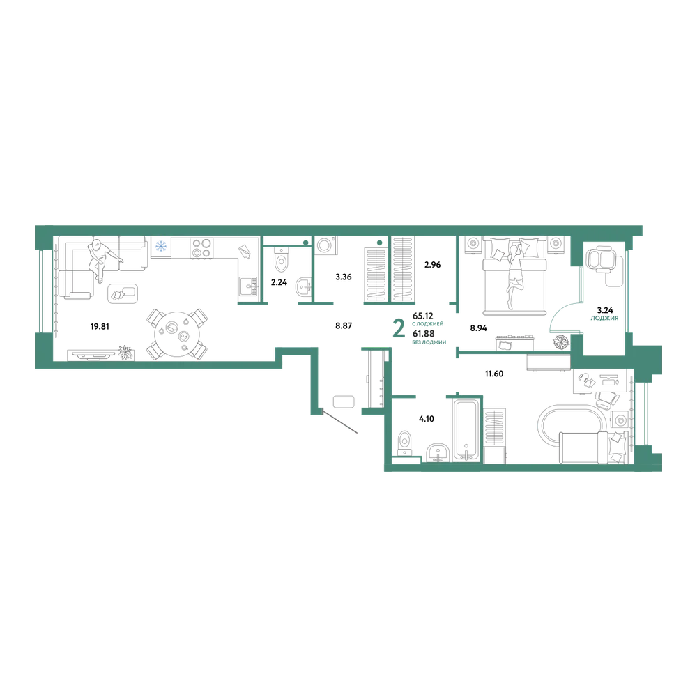 Планировка: 2-комнатная 65,12 м²