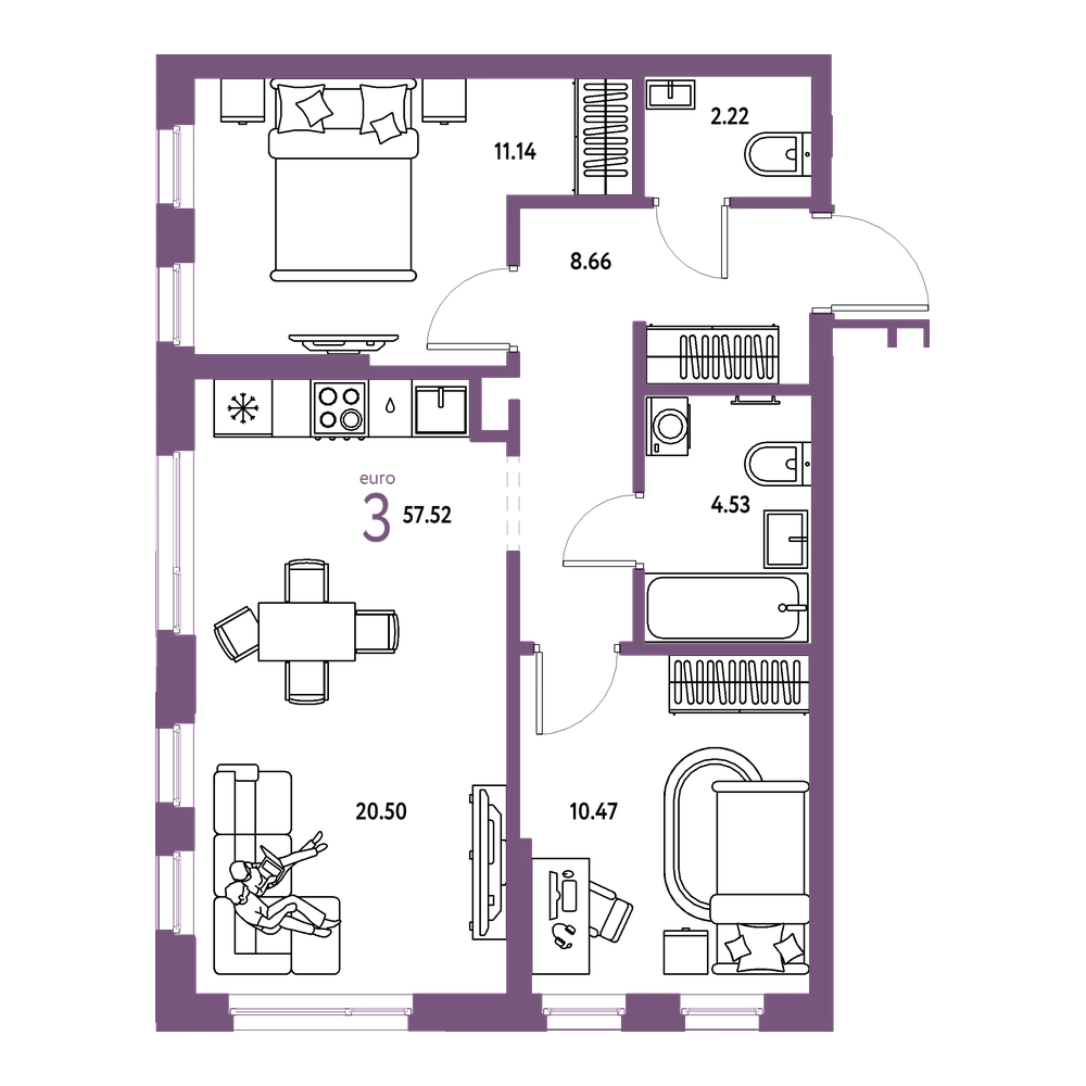 Планировка: Евротрёшка 57,52 м²
