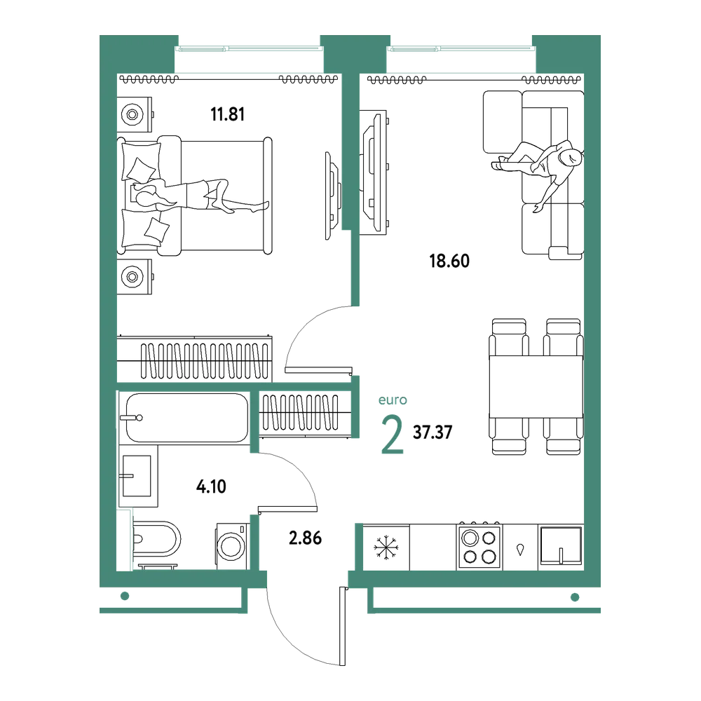 Планировка: Евродвушка 37,37 м²