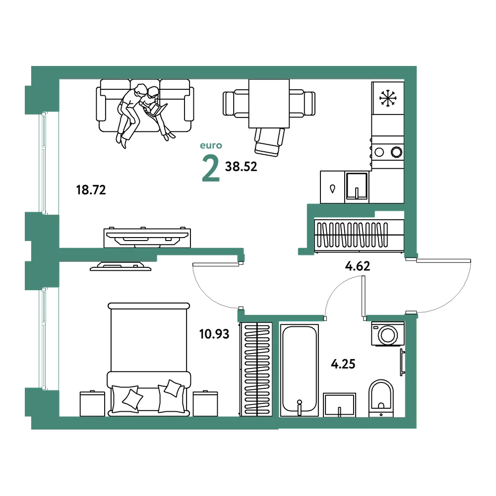 Планировка: Евродвушка 38,52 м²