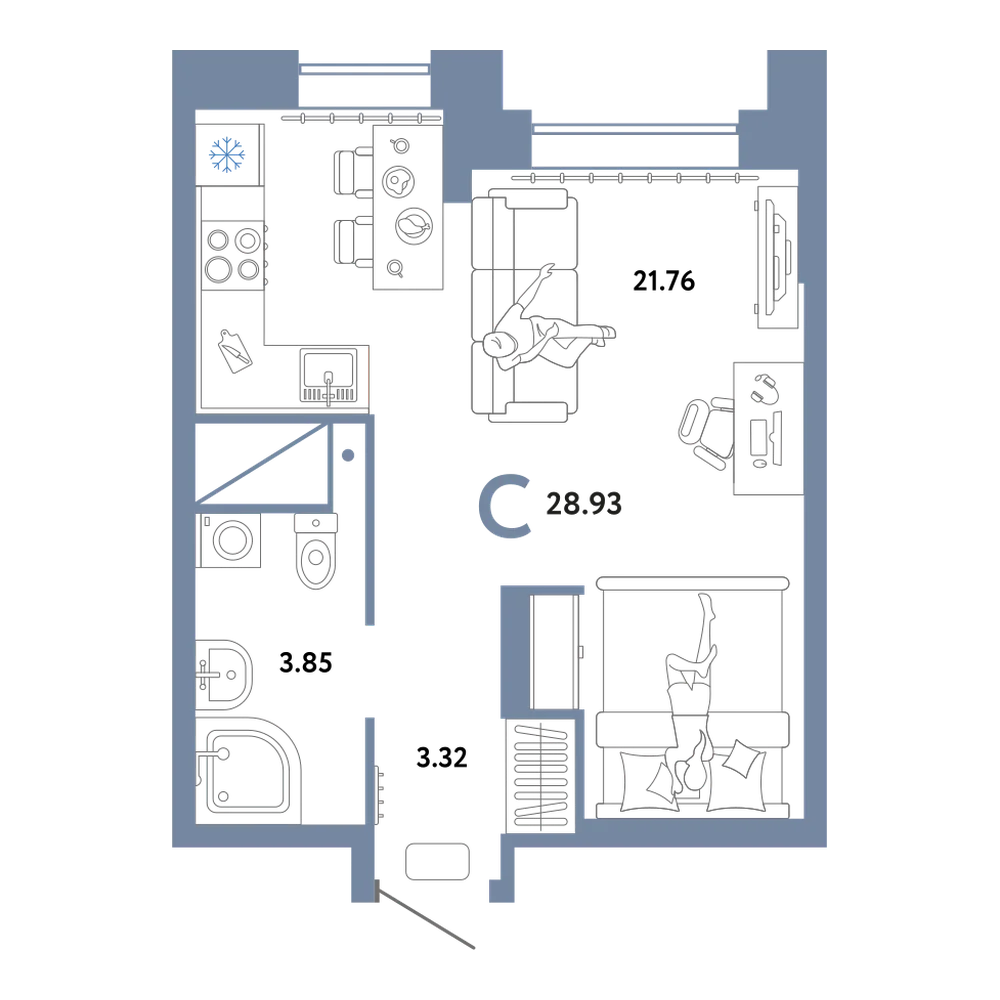 Планировка: Студия 28,93 м²