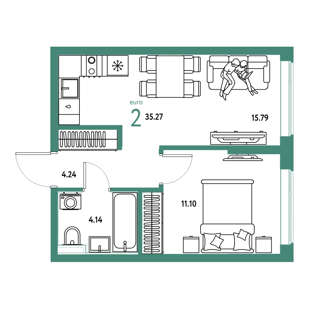 Планировка: Евродвушка 35,27 м²