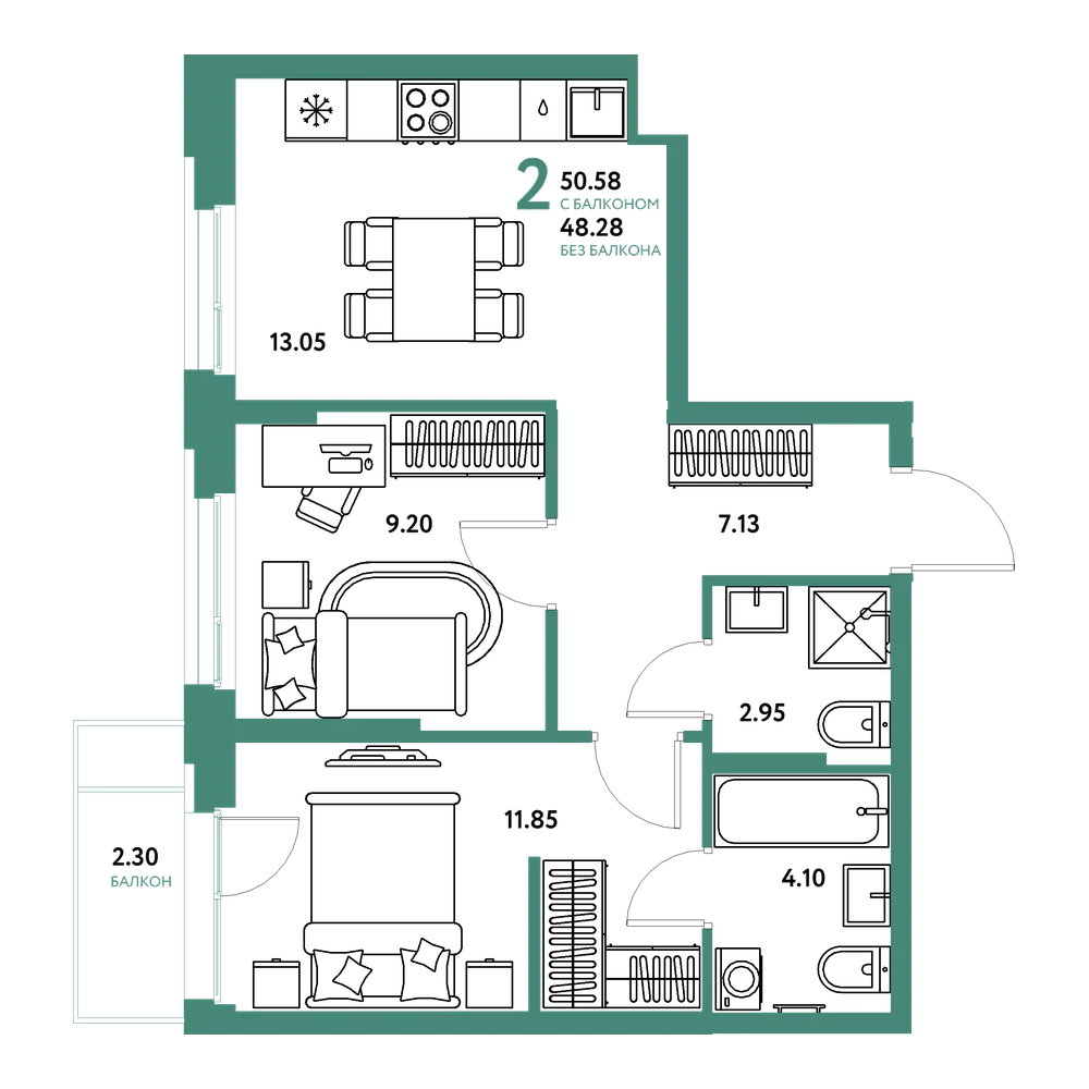 Планировка: 2-комнатная 50,58 м²