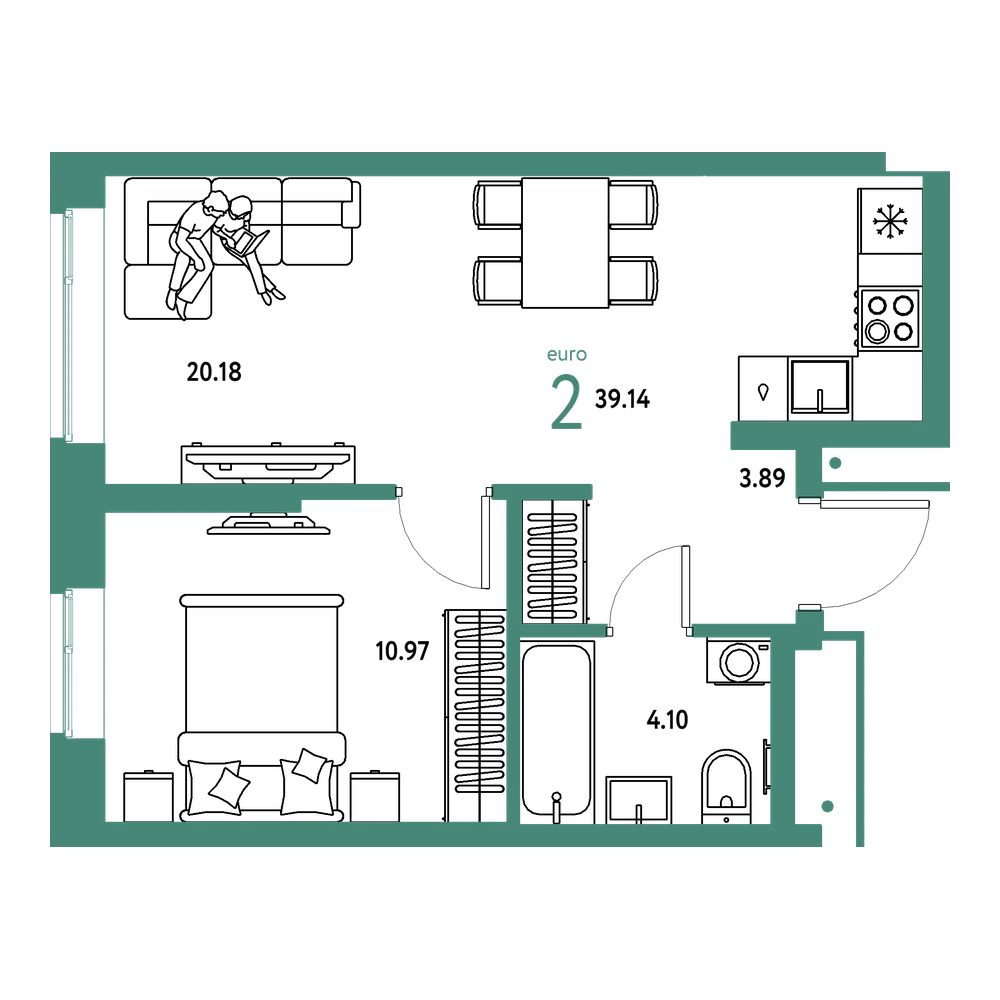 Планировка: Евродвушка 39,14 м²