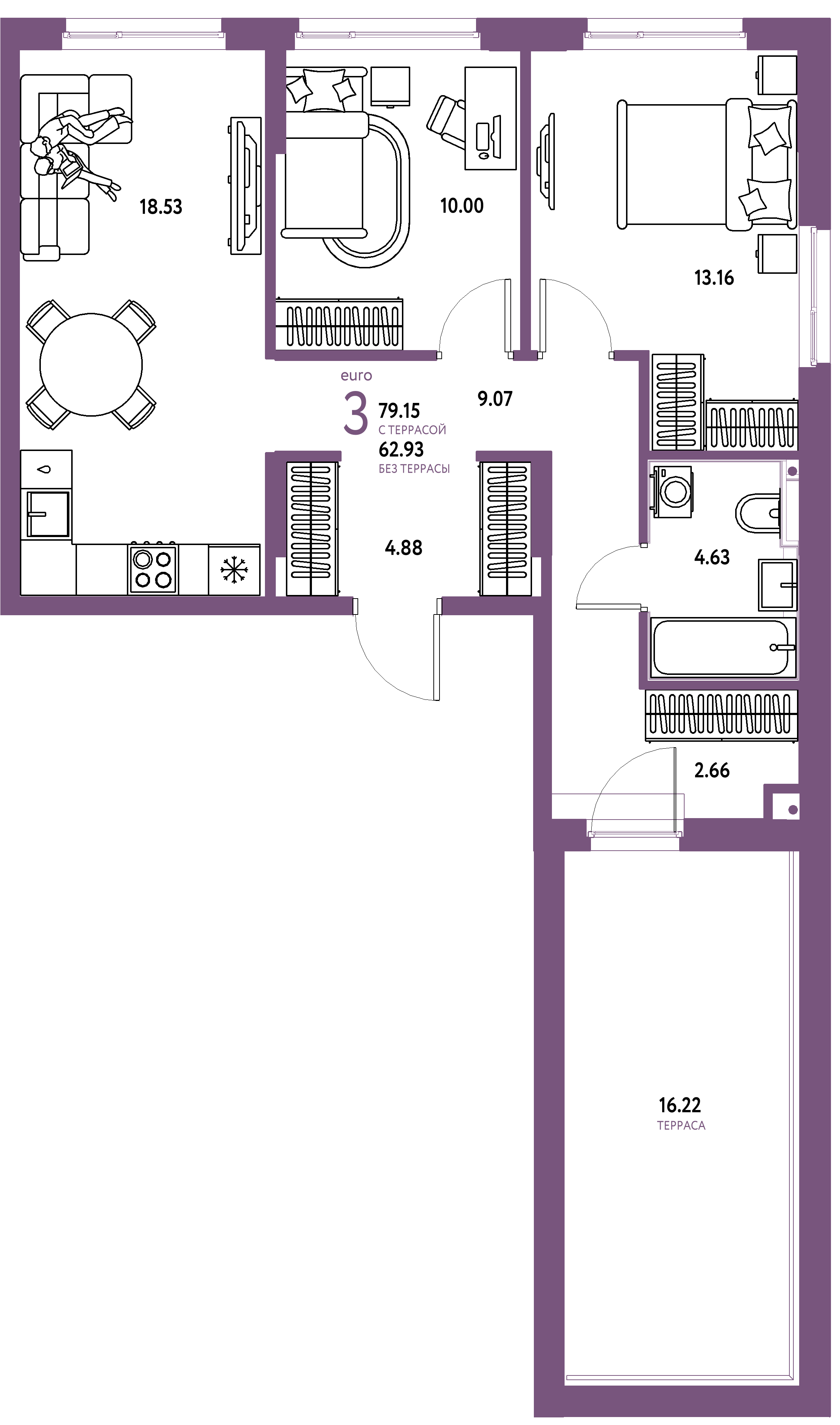 Планировка: Евротрёшка 79,15 м² в ЖК «Сердце Сибири»