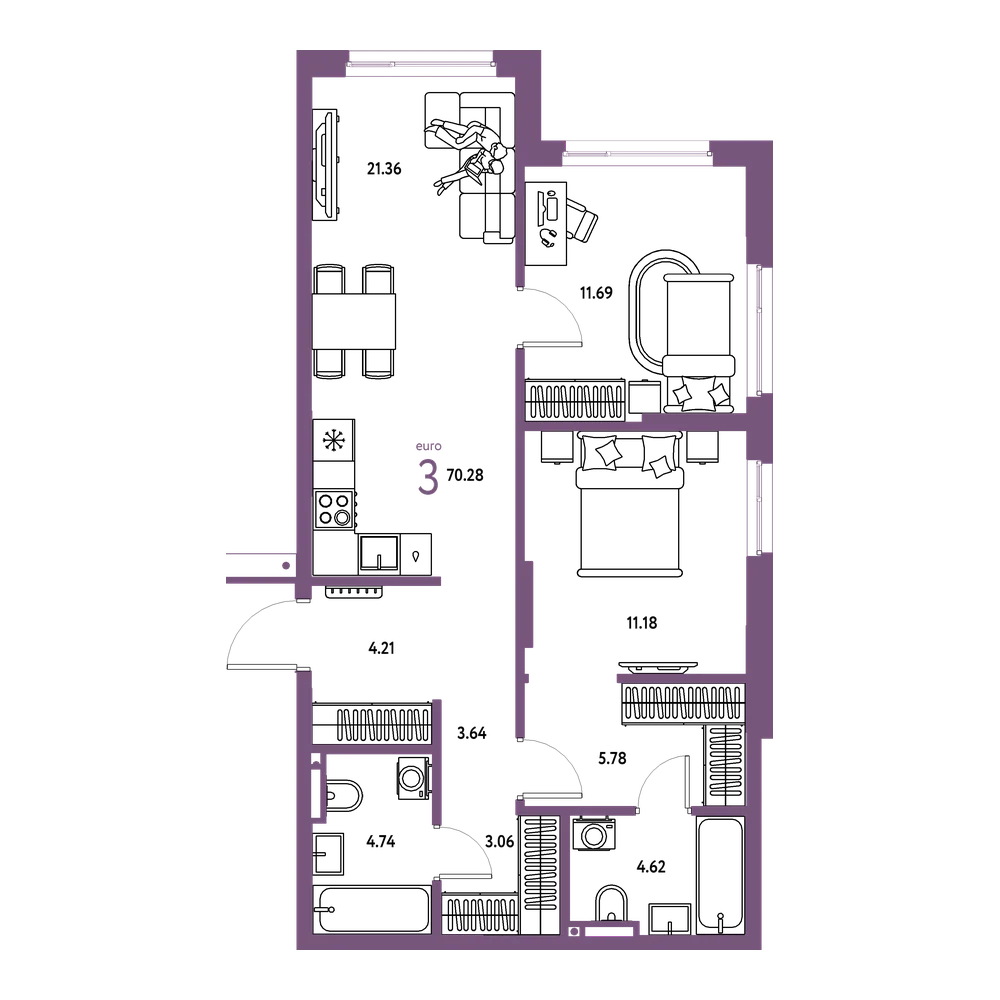 Планировка: Евротрёшка 70,28 м²