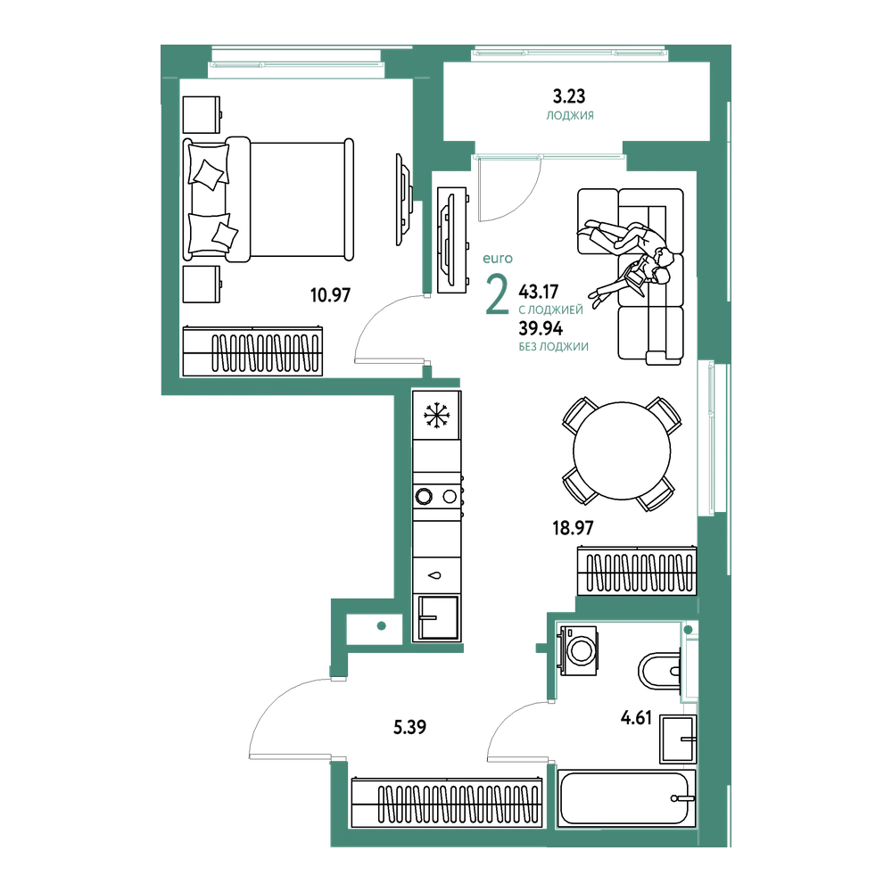 Планировка: Евродвушка 43,22 м²