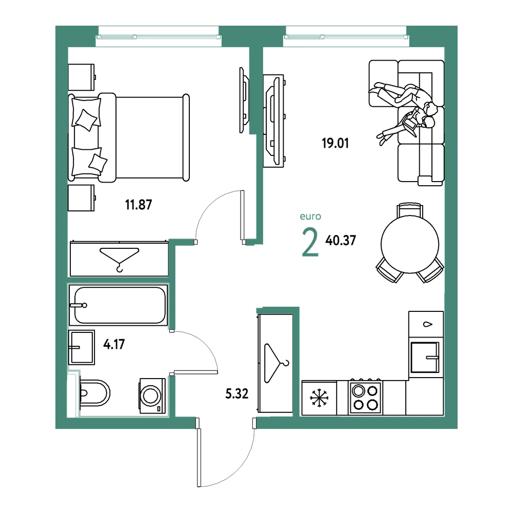 Планировка: Евродвушка 40,37 м²