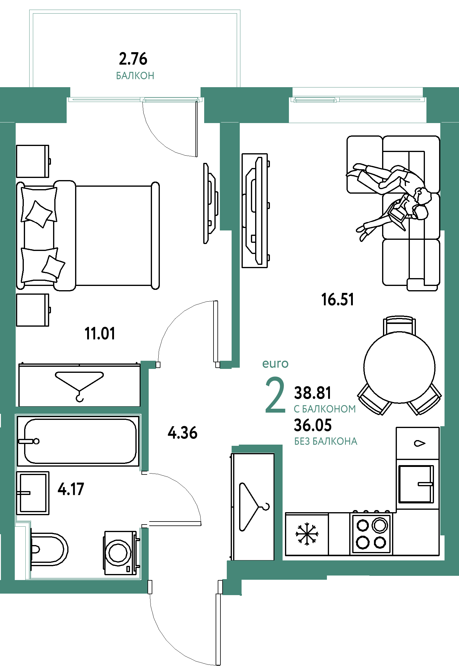 Планировка: Евродвушка 38,81 м² в ЖК «Европейский берег 2.0»