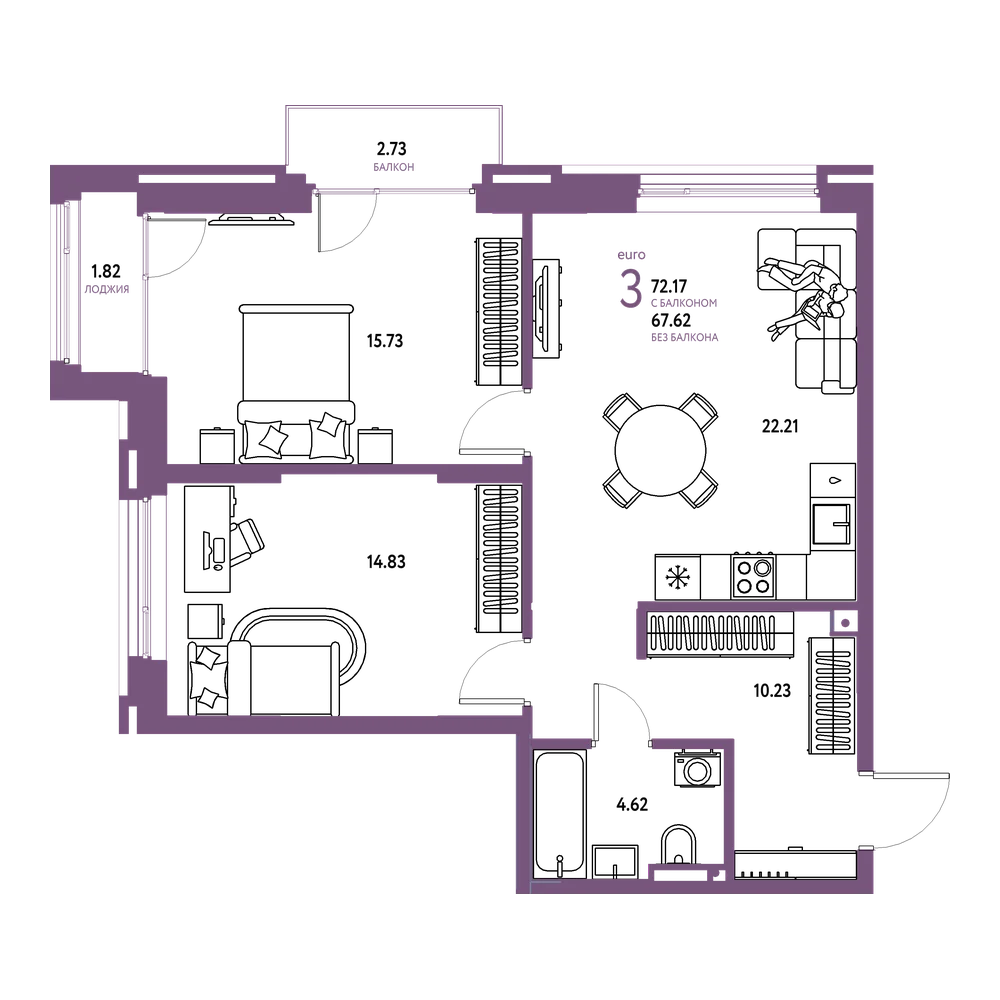 Планировка: Евротрёшка 72,17 м²