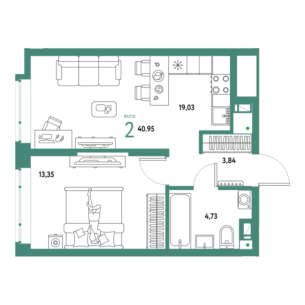 Планировка: Евродвушка 40,95 м²