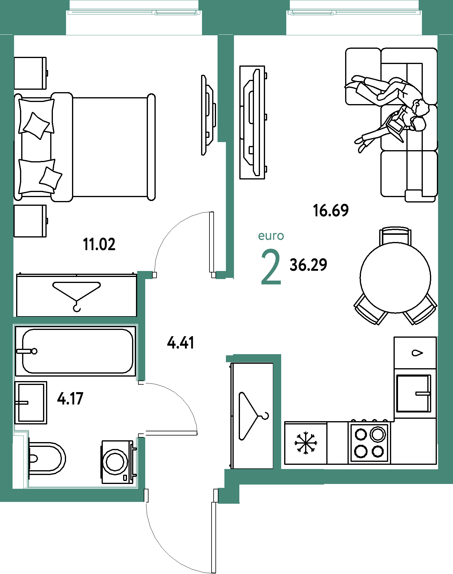 Планировка: Евродвушка 36,29 м² в ЖК «Европейский берег 2.0»